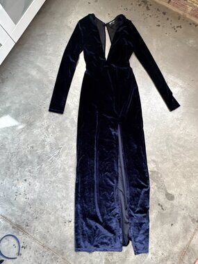 Nasty Gal Navy Blue Velvet Formal Evening Gown Dress with Deep V and Leg Slit